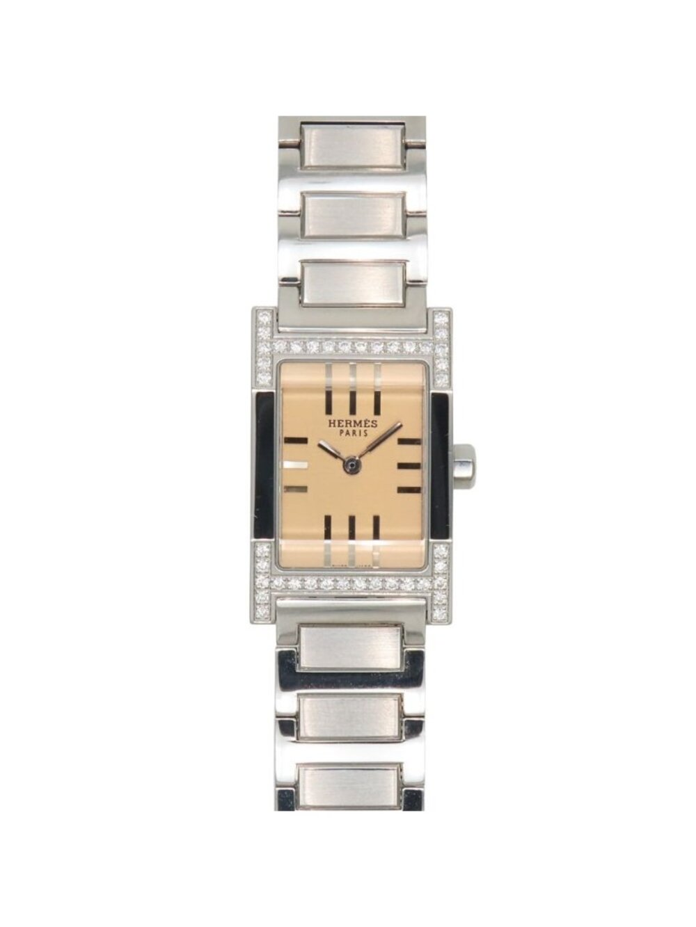 Hermes Watch Tandem TA 1.230 Stainless Steel Diamond Silver Dial Orange Bezel